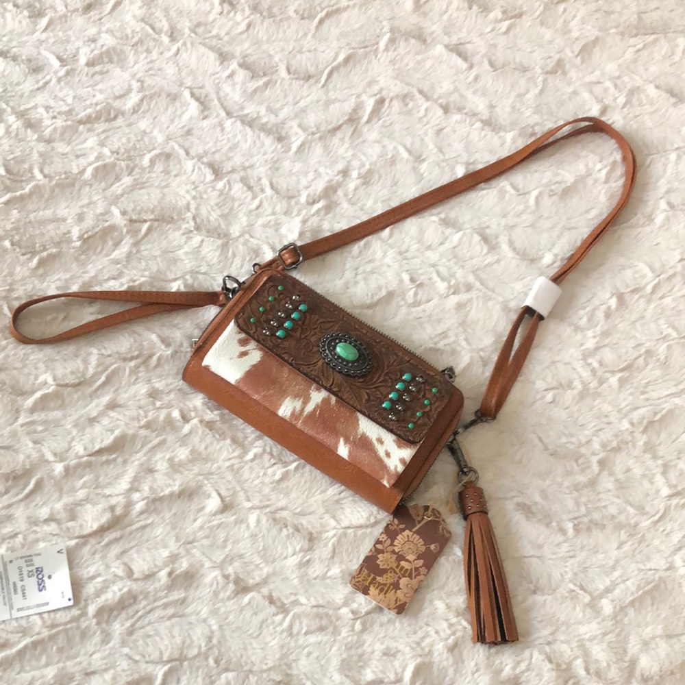 Brown Turquoise Accent Crossbody Wallet - Women Bags